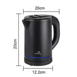 Black electric kettle with handle, lid, spout, and blue LED light, measuring 20x12.2 cm