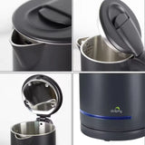 Black Dolphy electric kettle with stainless steel interior and blue indicator light