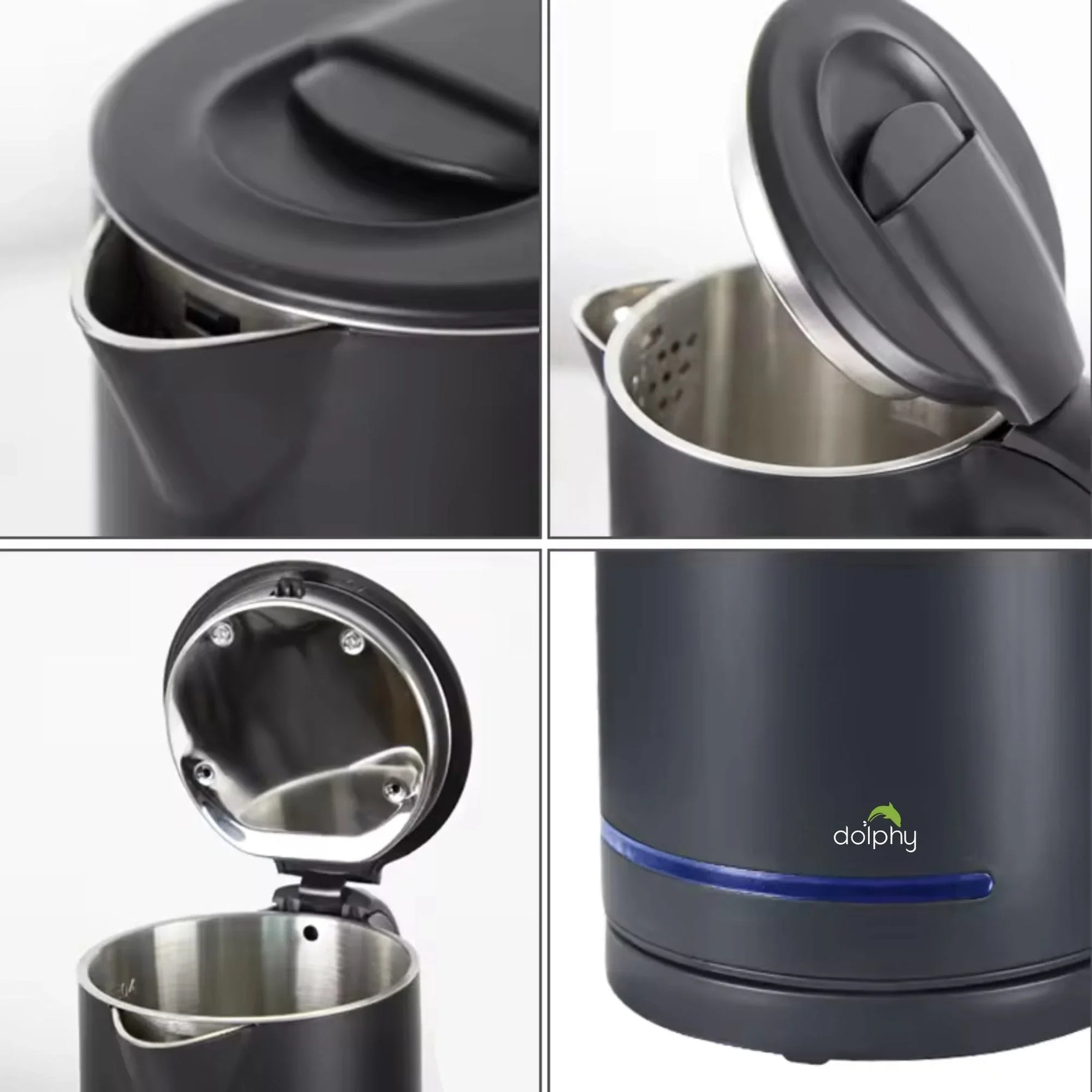Black Dolphy electric kettle with stainless steel interior and blue indicator light