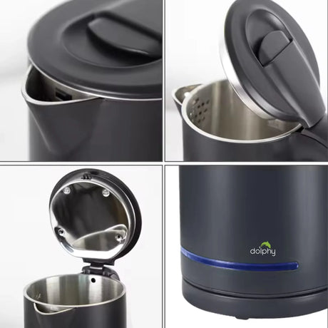 Black Dolphy electric kettle with stainless steel interior and blue indicator light