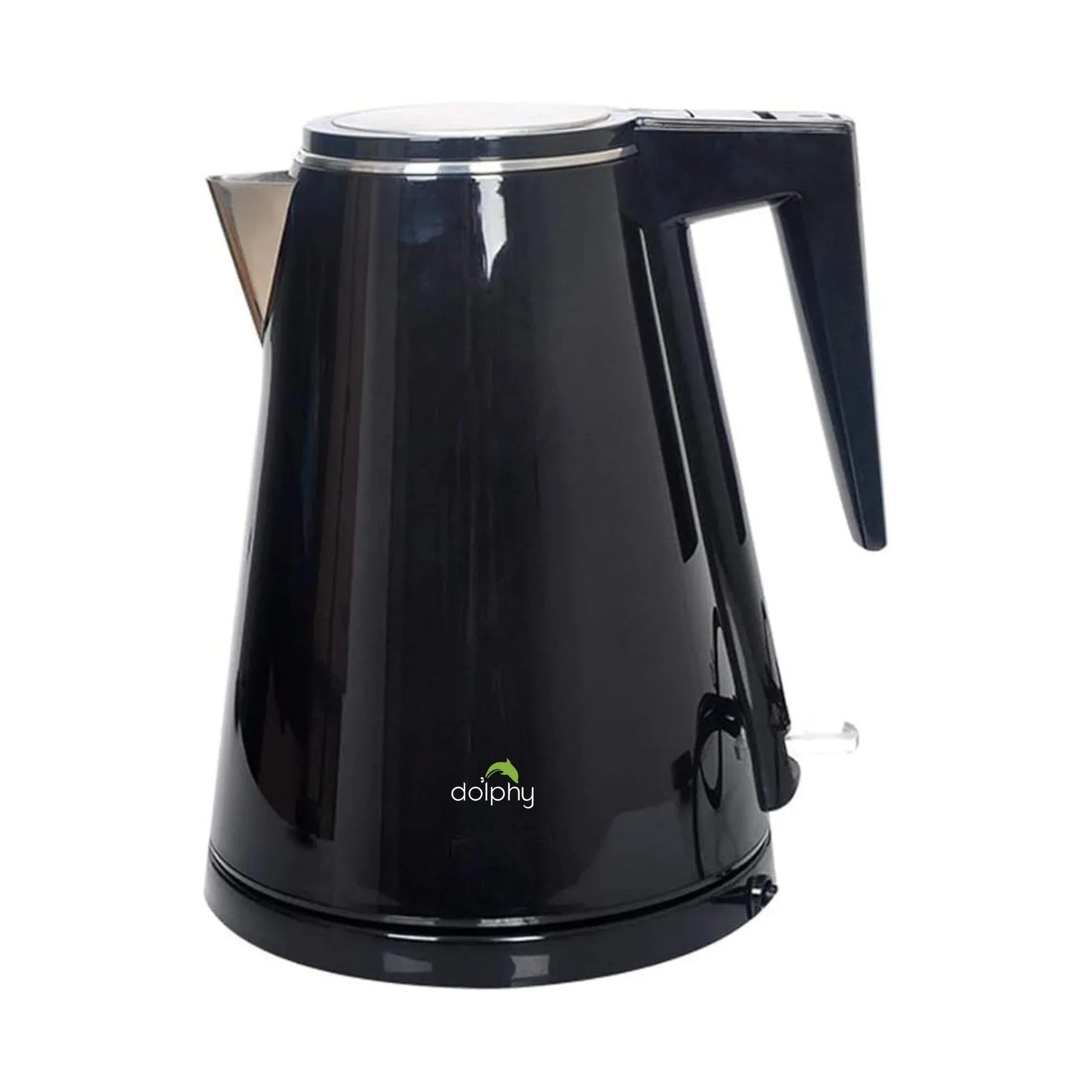 Black electric kettle with sleek design, stainless steel spout, and ergonomic handle on white background