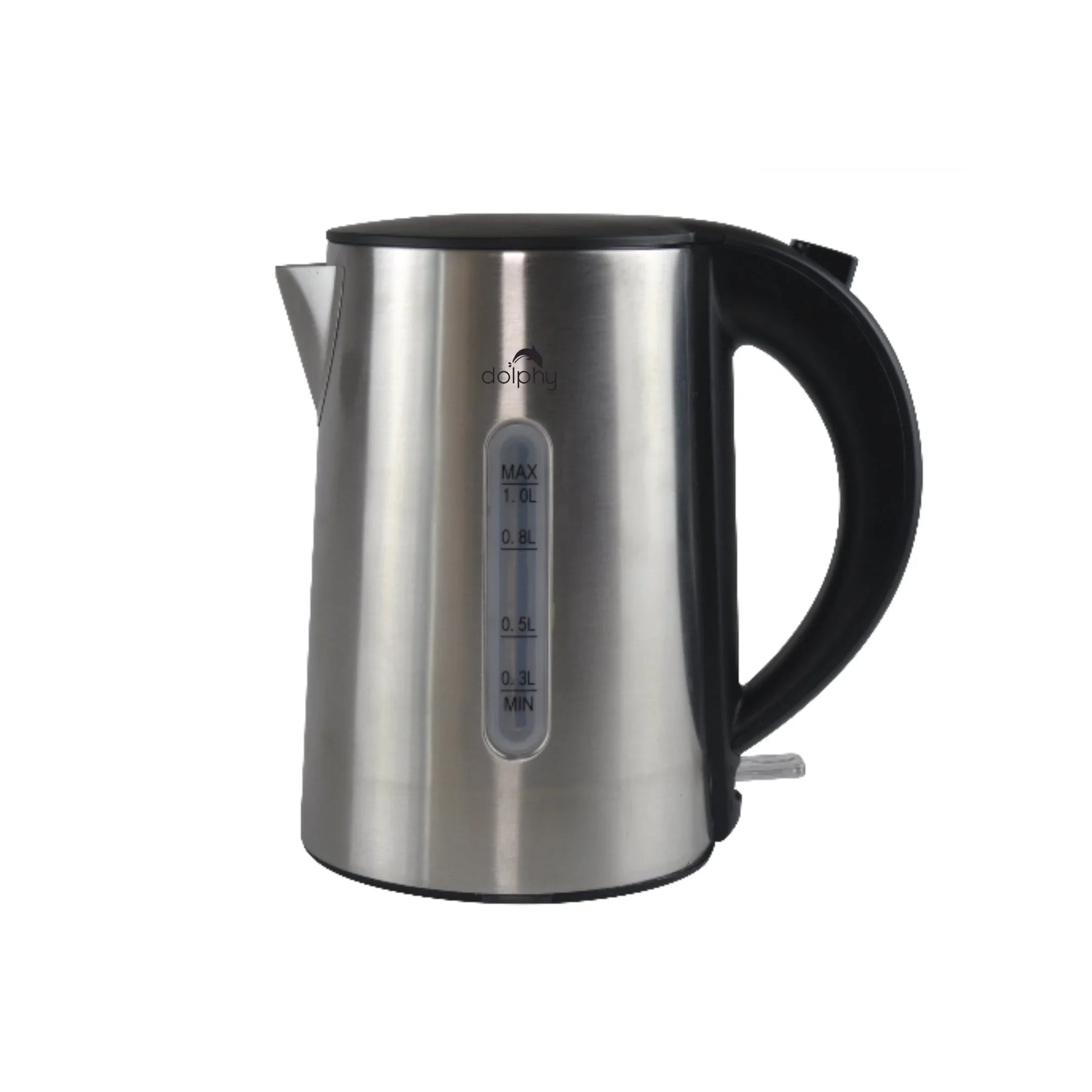 Stainless steel electric kettle with black handle and water level indicator up to 1 liter