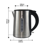Stainless steel Dolphy electric kettle with black handle and water level indicator, dimensions labeled