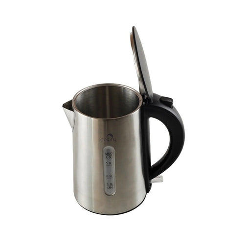 Stainless steel electric kettle with black handle, open lid, and water level indicator