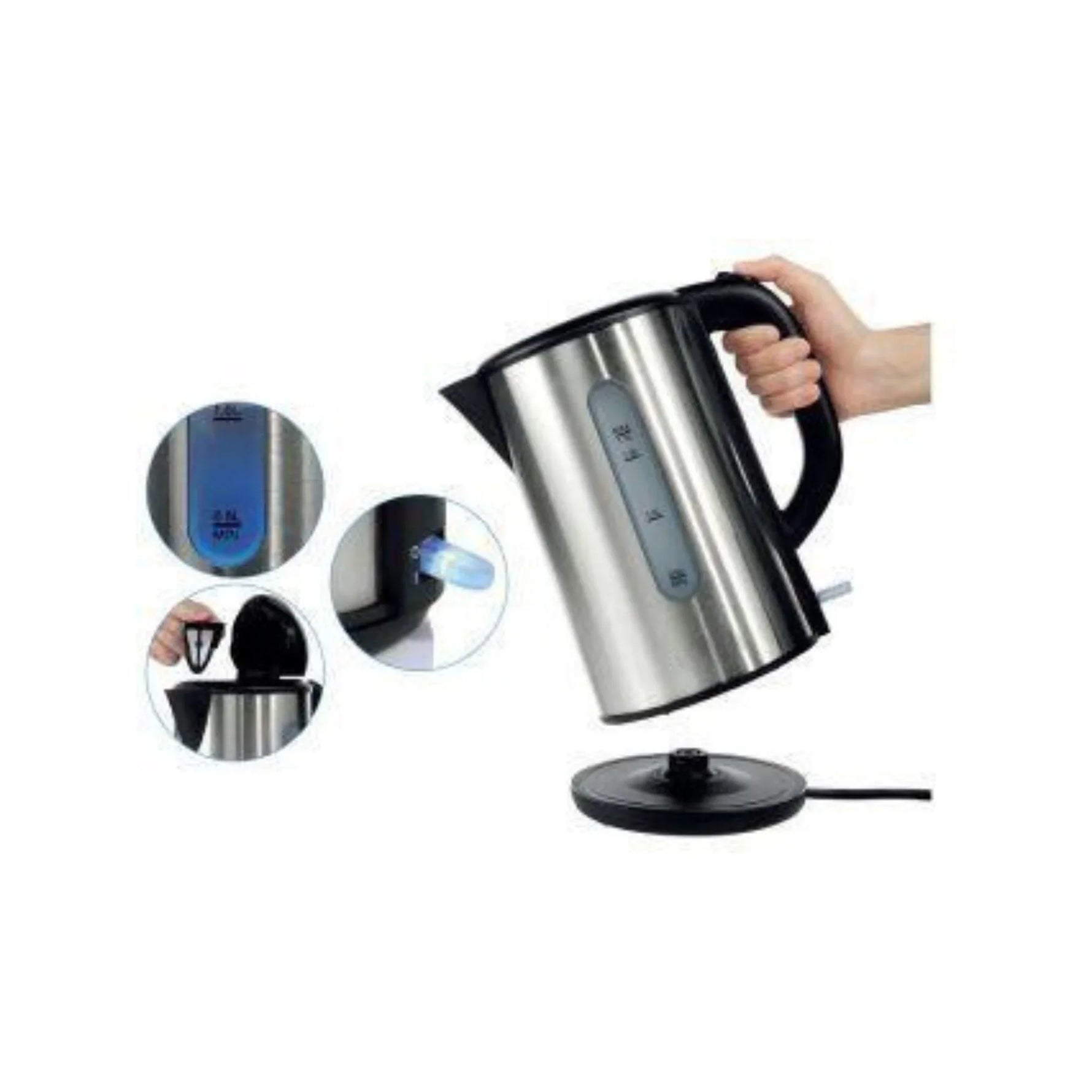 Stainless steel electric kettle with water level indicator, LED power light, and removable lid held over a black base