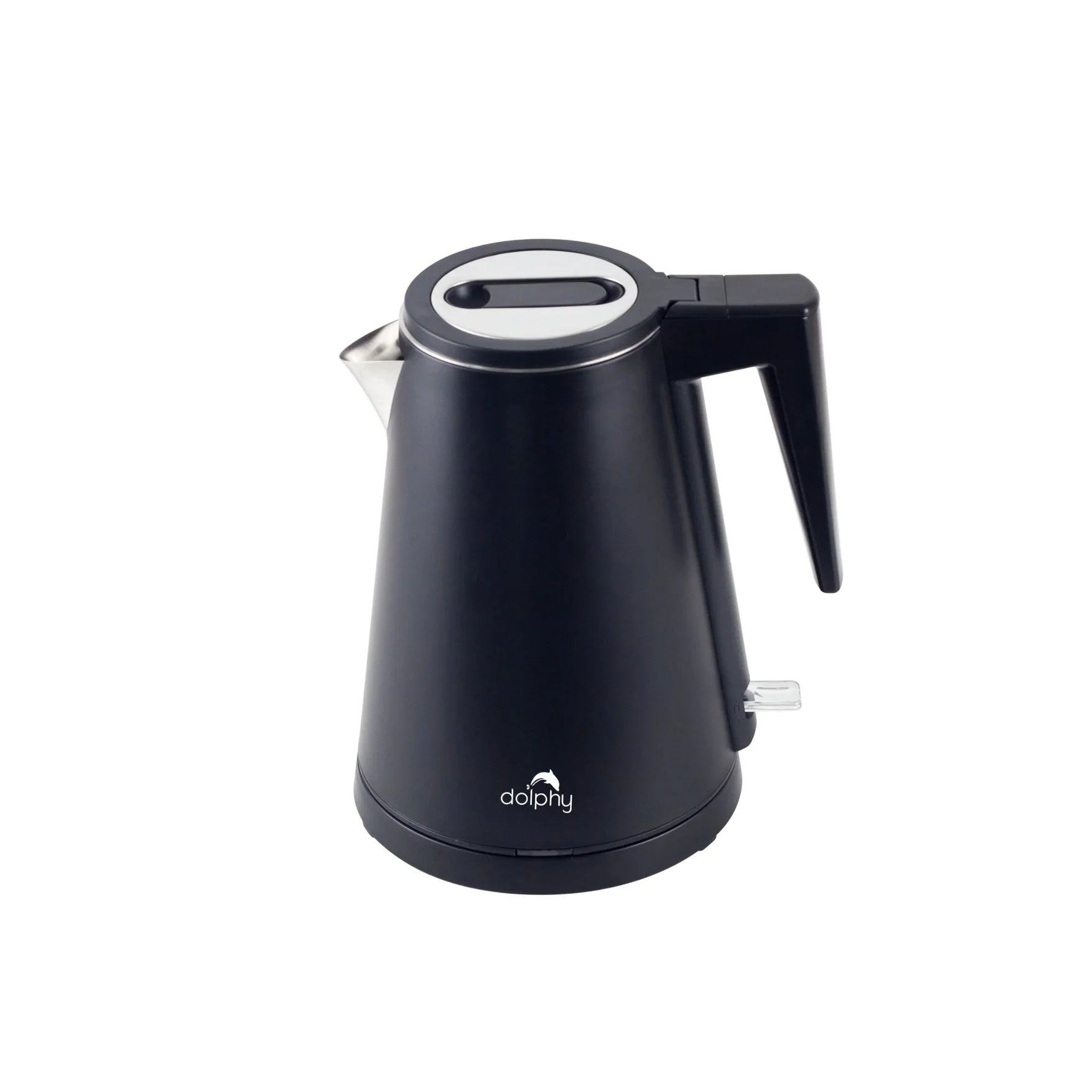 Black Dolphy electric kettle with silver spout and top lid, ergonomic handle isolated