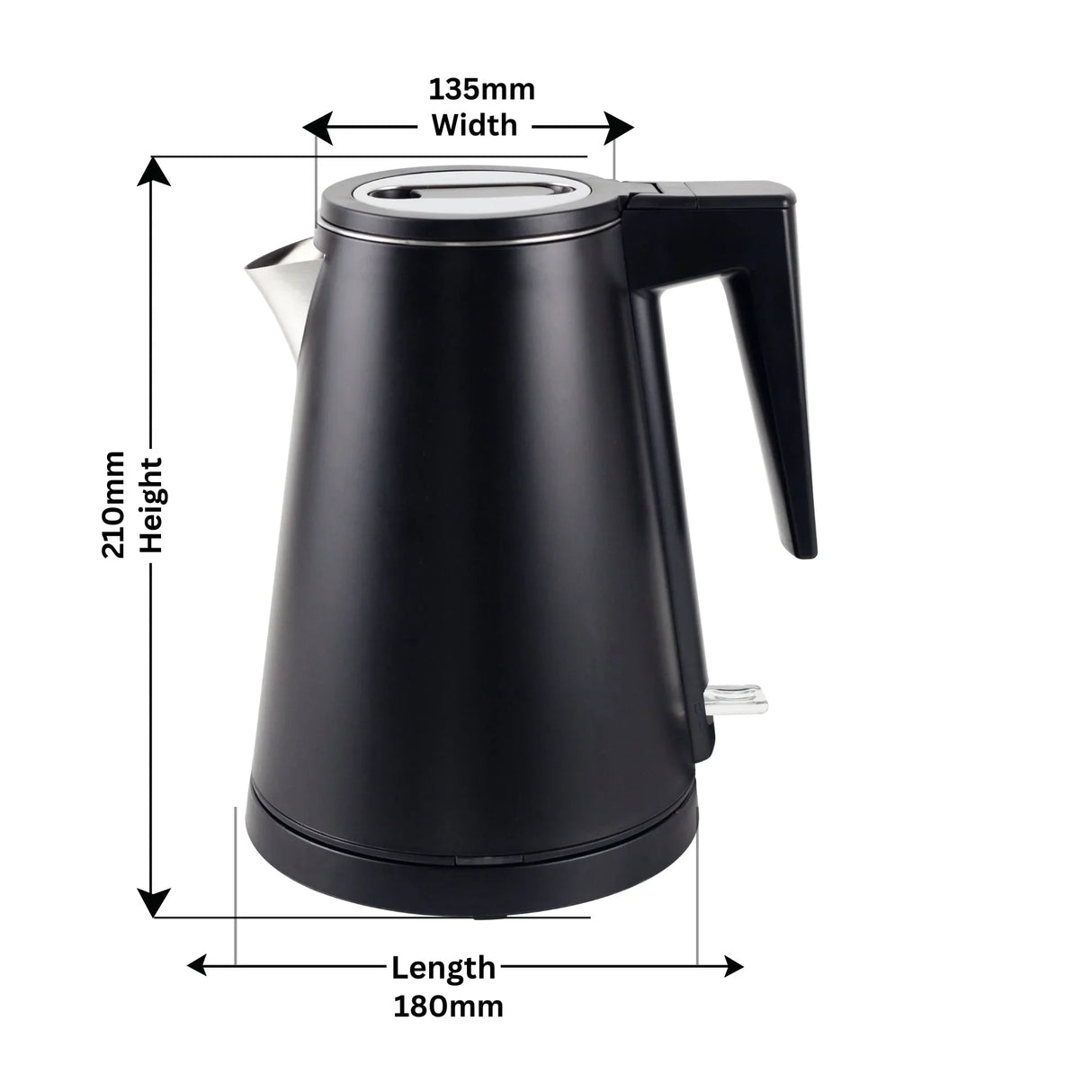 Black electric kettle with handle and spout, dimensions 210mm height, 180mm length, 135mm width