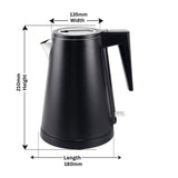 Black electric kettle with handle and spout, dimensions 210mm height, 180mm length, 135mm width