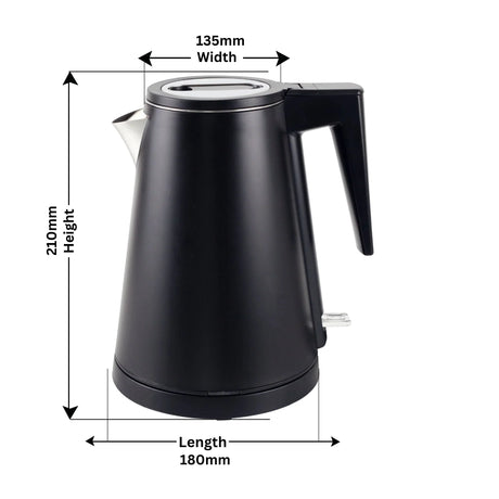 Black electric kettle with handle and spout, dimensions 210mm height, 180mm length, 135mm width