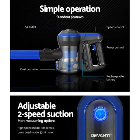 Devanti Stick Vacuum Cleaner Brushless Cordless 250W Blue - Flea Market