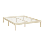 Natural wood platform bed frame with slatted base and legs on white background