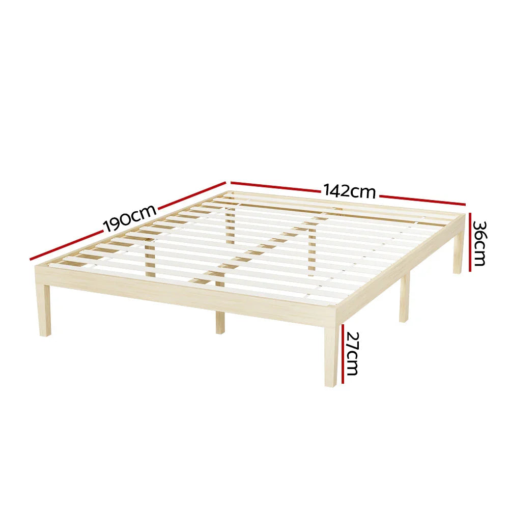 wooden bed frame with dimensions 190cm length, 142cm width, 36cm height, and 27cm leg height