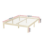 wooden bed frame with dimensions 190cm length, 142cm width, 36cm height, and 27cm leg height