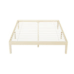 Minimalist natural wood slatted bed frame with sturdy legs on white background