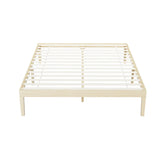 Minimalist natural wood slatted bed frame with sturdy legs on white background