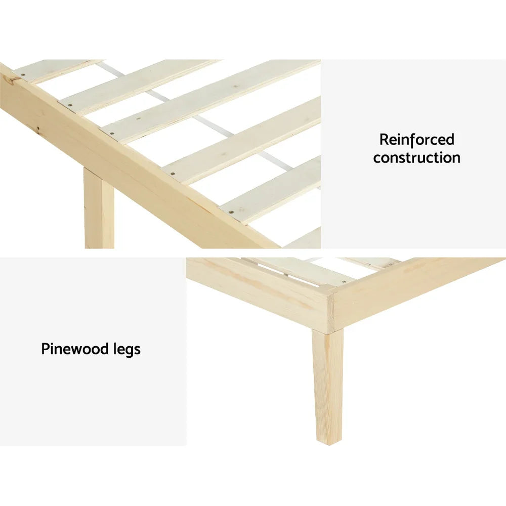 Reinforced pinewood bed frame construction with slatted base and sturdy legs