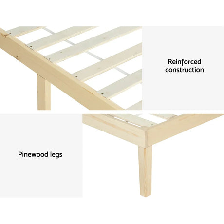 Reinforced pinewood bed frame construction with slatted base and sturdy legs