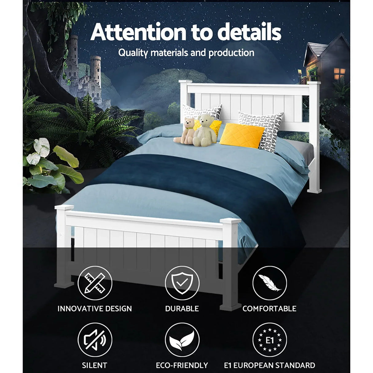 White wooden bed with blue bedding and plush toys, highlighting innovative, durable, and eco-friendly design