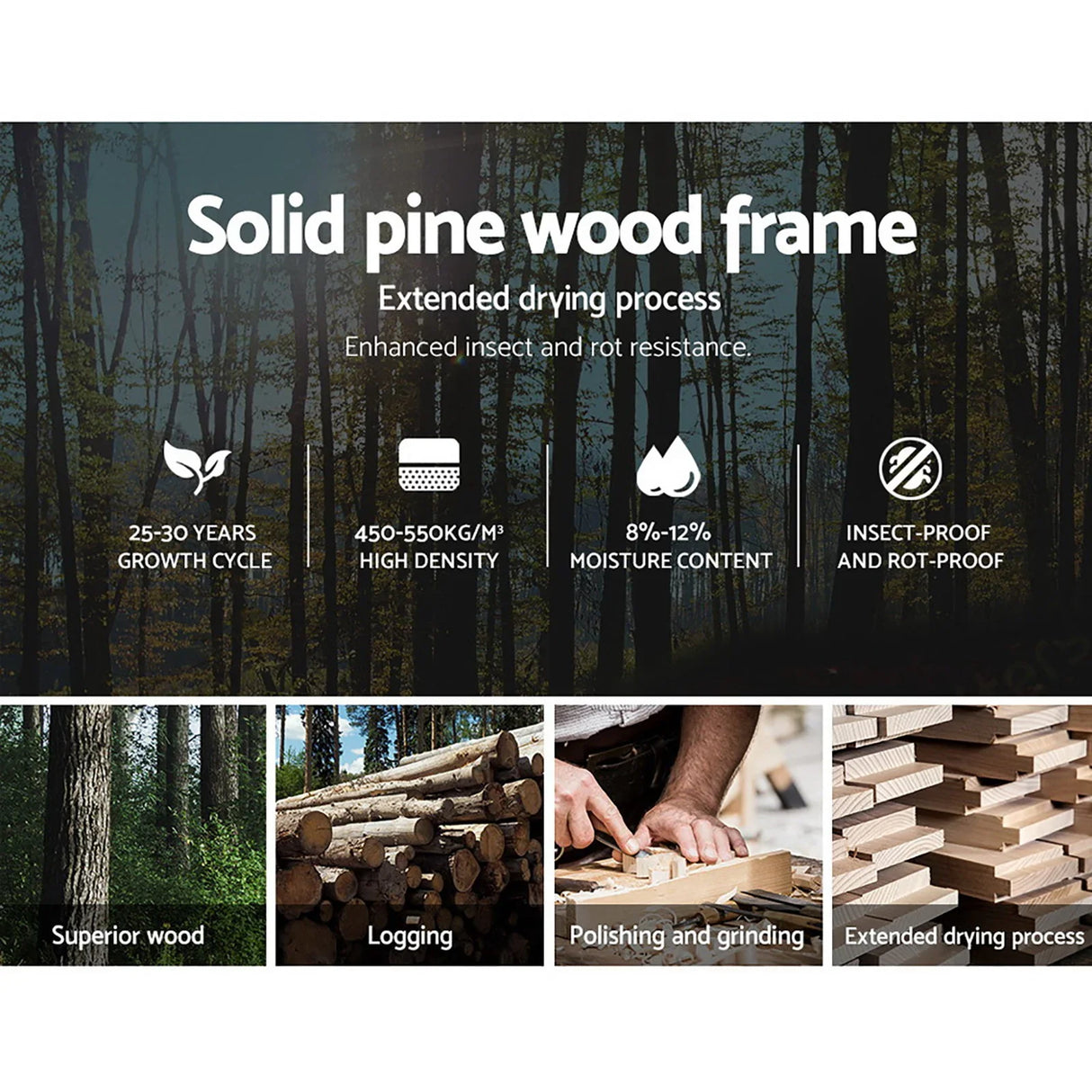 Infographic showing solid pine wood frame features, including growth cycle, density, moisture content, and insect resistance