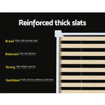 Close-up of reinforced thick wooden slats bed frame highlighting broad, balanced, strong, and ventilated features