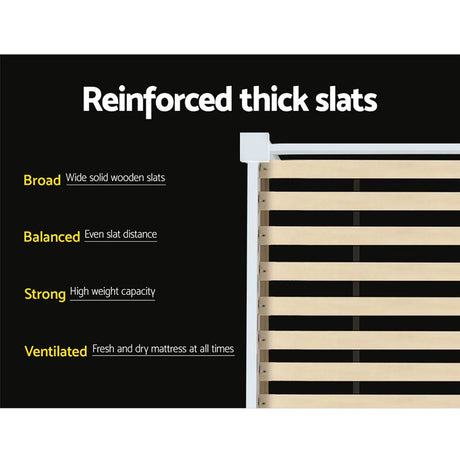 Close-up of reinforced thick wooden slats bed frame highlighting broad, balanced, strong, and ventilated features