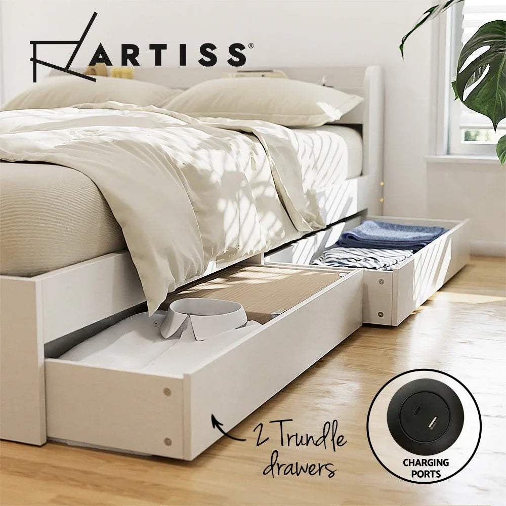 Artiss white bed with beige bedding and two trundle storage drawers partially open on wooden floor