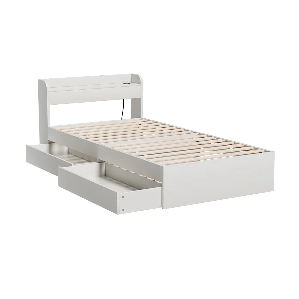 White single bed frame with wood slats, built-in shelves, and two pull-out storage drawers