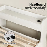 White bed headboard with top shelf and built-in 2 USB charging ports for convenient device charging