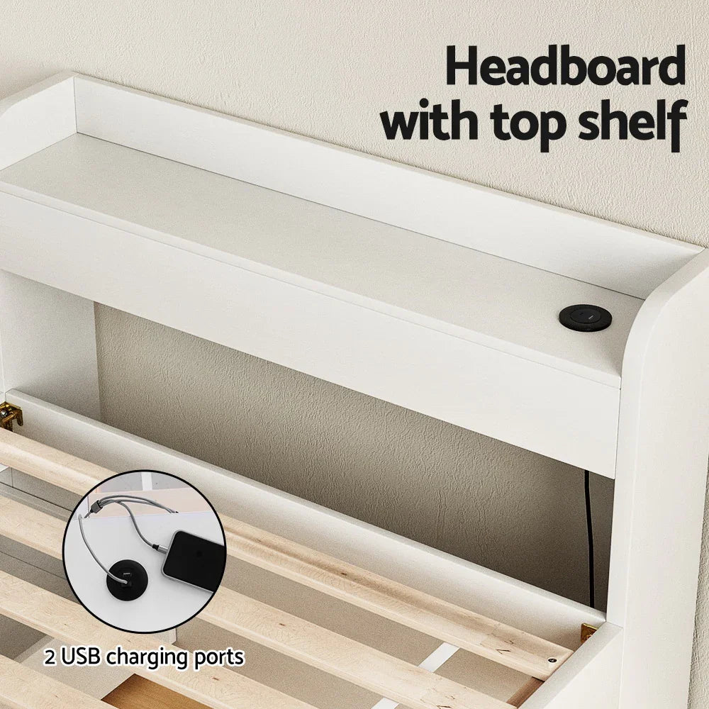 White bed headboard with top shelf and built-in 2 USB charging ports for convenient device charging