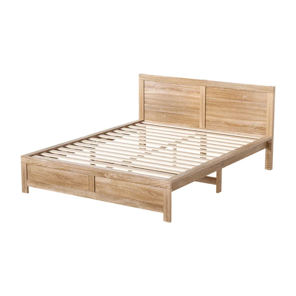 wooden platform bed frame with slatted base and paneled headboard in oatmeal finish