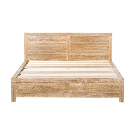 Oatmeal wood queen size bed frame with slatted base and panel headboard