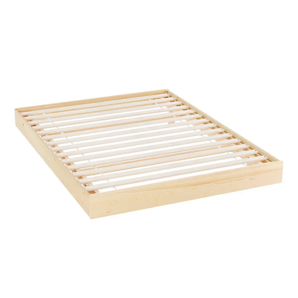 Natural pine wooden bed frame with slatted base, minimalist and sturdy platform design