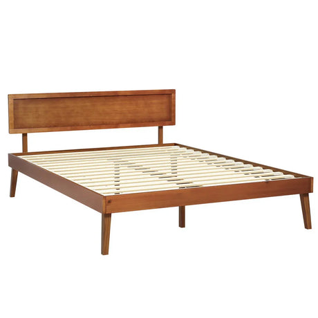 mid-century modern wooden bed frame with slatted base and rectangular headboard