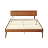 Mid-century modern wooden bed frame with slatted base and rectangular headboard