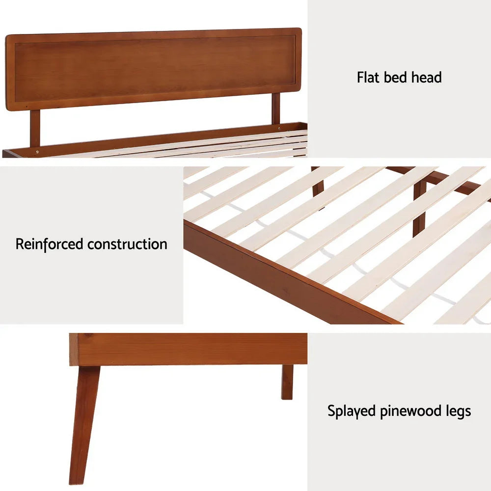 Wooden bed frame with flat headboard, reinforced slats, and splayed pinewood legs