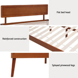 Wooden bed frame with flat headboard, reinforced slats, and splayed pinewood legs