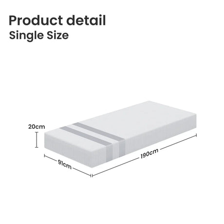 White single-size mattress with dimensions 190cm length, 91cm width, and 20cm height