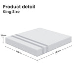 King size white mattress with grey stripes showing dimensions 183cm x 203cm x 25cm
