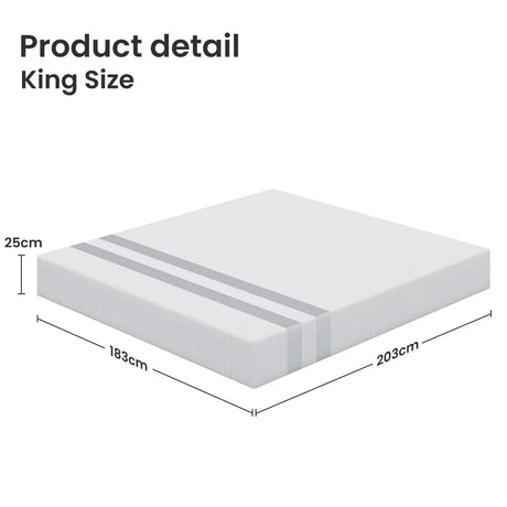 King size white mattress with grey stripes showing dimensions 183cm x 203cm x 25cm