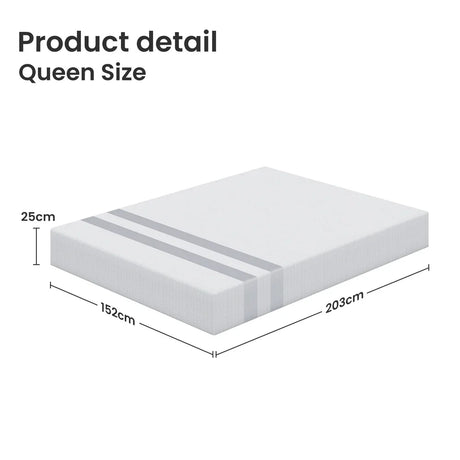 Queen size mattress in white with gray stripes, dimensions 152x203x25 cm, product detail