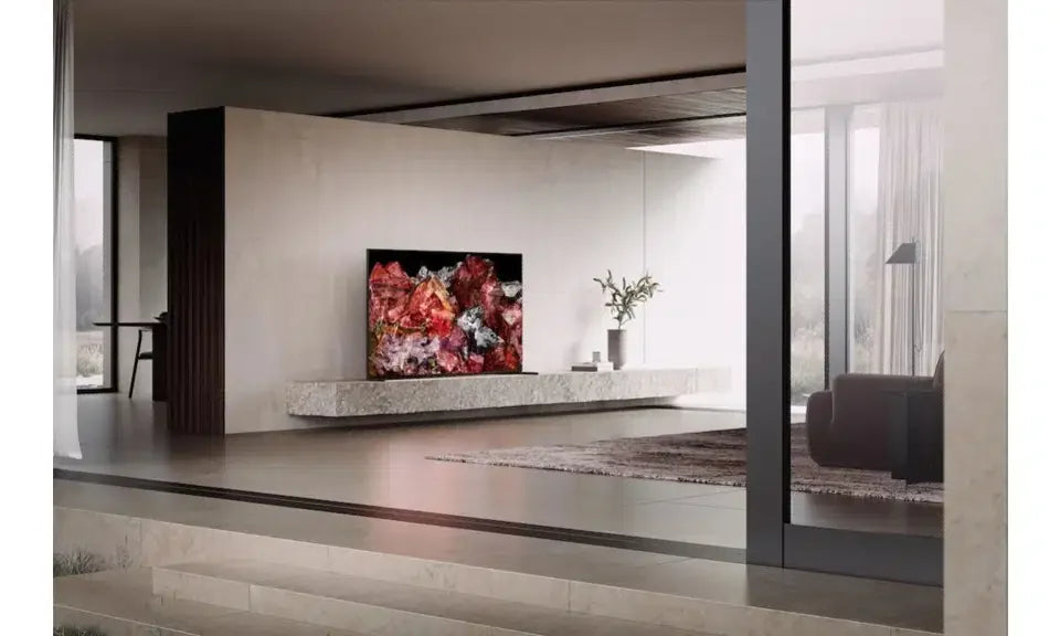 Modern living room with large flat screen TV on stone shelf, minimalist decor, Flea Market AU