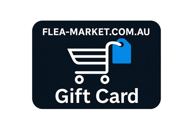 Black flea-market.com.au gift card with white shopping cart and blue price tag icon